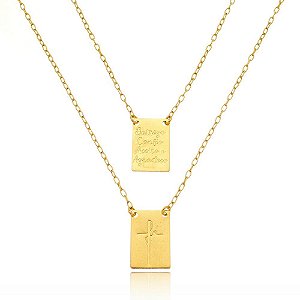 Escapulário Entrego Confio Aceito Agradeço e Fé Banhado a Ouro