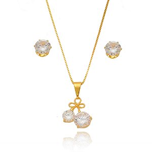 Conjunto Colar Zircônias Cereja e Brincos Banhado a Ouro