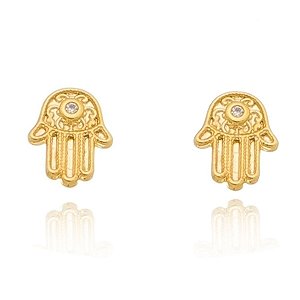Brinco Mão de Hamsá Pequeno com Zircônia Banhado a Ouro