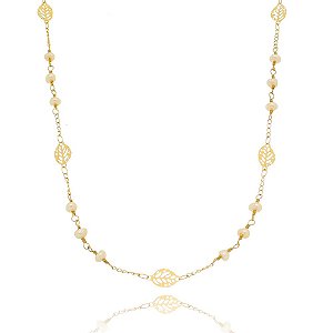 Colar Longo de Pérolas Naturais Banhado a Ouro