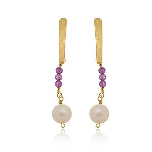 Brinco com Pedra Ametista e Perola Natural Banhado a Ouro