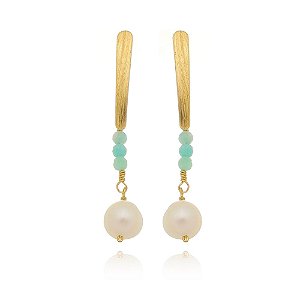 Brinco com Pedra Amazonita e Perola Natural Banhado a Ouro