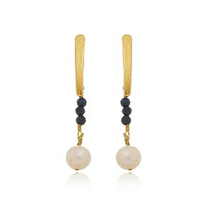Brinco Pedra Lápis Lazúli e Perola Natural Banhado a Ouro