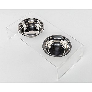 Comedouro Duplo Elevado em Acrílico para Cachorro Gato. Acrílico + Tigela inox