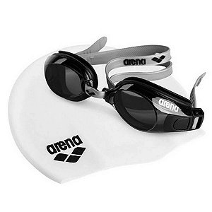Kit Natação Adulto Touca branca + Óculos Pool Set com lente fumê nas cores Branco e Prata - Arena