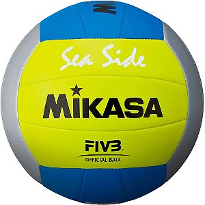 Bola oficial de vôlei de praia MIKASA VXS-SD cinza/branco/amarela/azul  em couro sintético costurado - MIKASA