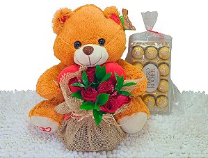 Arranjo de Rosas, Pelúcia e Ferrero Rocher