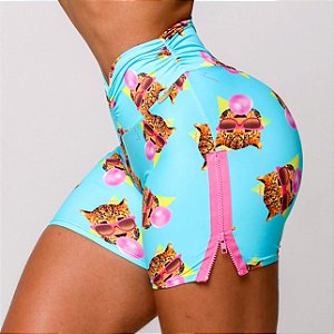 Shorts Ziper Empina BumBum Azul Algodão Doce - Estampa Chiclete