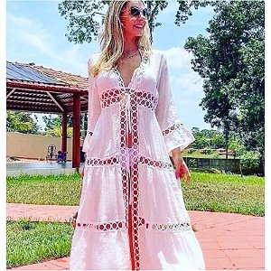 Kimono / Saida de Praia Longa 100% Algodão com Renda