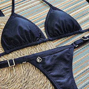 Conjunto de Biquini de Fita Preto Ônix Premium Cirrê Texturizado com leve brilho