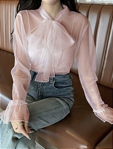 Camisa Tulê Laço Rosa