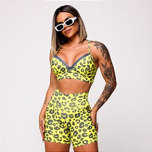 Conjunto Shorts Zíper Estampa Onça Neon