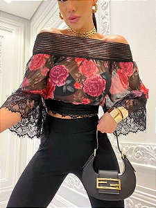 Cropped Ciganinha Tule Roses Ombro-a-Ombro