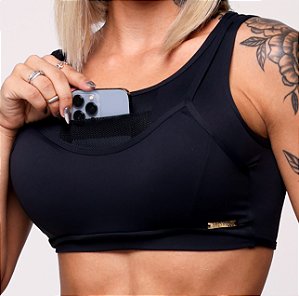 Top Celular Pro Athlete c/ bolso frontal e trançado nas costas Preto