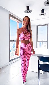 Conjunto Estrela Rosa Neon c/ Estampa Poá Preto