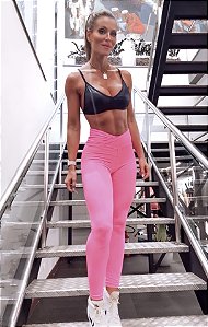 Conjunto Girls & V Top Couro Fake Preto c/ legging Rosa Flúor Neon Blackout Zero Transparência