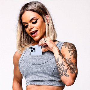 Top Celular Pro Athlete c/ bolso frontal e trançado nas costas Cinza Mescla