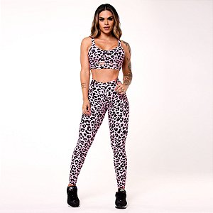 Conjunto Preppy Push Up Estampa Onça Rosa