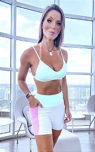Conjunto PRO Athlete Girls Branco Blackout Zero Transparência com detalhes Rosa Neon e Turquesa