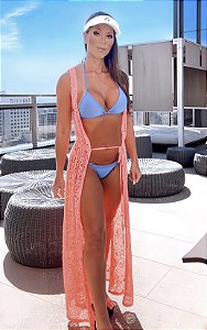 Saída de Praia ou Piscina Queens Longa em Renda com desenho Floral e amarração Rosa Neon Flúor