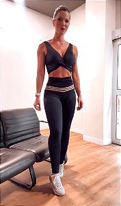 Conjunto Chapa-Barriga Nó Zero Transparência e Alta Compressão Preto listras douradas Estampa Golden Woman