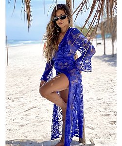 Saída de Praia Kimono em Renda Longa Mangas abertas Azul Royal