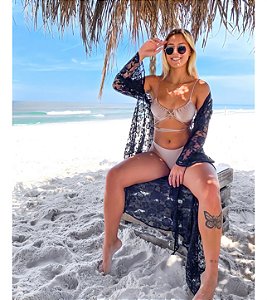 Saída de Praia Kimono em Renda Longa Mangas abertas Preta