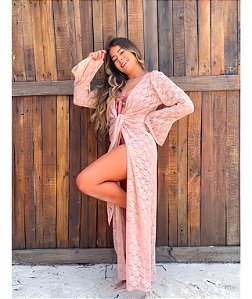 Saída de Praia Kimono em Renda Longa Mangas abertas Rosa Bebê