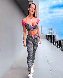 Conjunto Ciganinha Legging com Amarração Estampa Poá Preto, Branco e Rosa