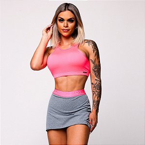 Conjunto Torino Beach c/ Shorts-Saia mini-saia Elastic Cinza Mescla c/ Rosa Fluor Neon