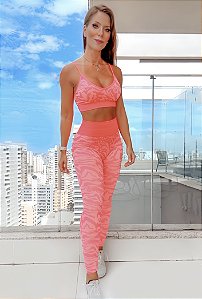 Conjunto Tiger Seamless Gringa Mood (Sem Costura) Zero Transparência Alta Compressão Modelador c/ Legging Estampa Tigre Rosa Flúor Neon