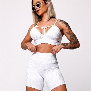 Conjunto Shorts Jump Y em Jacquard Texturizado Perlê Branco Zero Transparência Empina BumBum