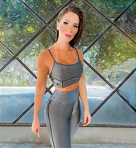 Conjunto Vogue Alta Compressão Cirrê Texturizado Lurex Grafite