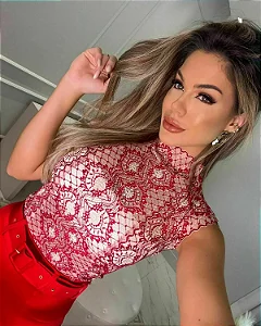 Body Renda vermelha em Tulê c/ Top e bojo embutido Brancos golinha alta