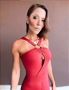 Macacão Argola Alta Compressão Zero Transparência Decote Aberto Vermelho Escuro