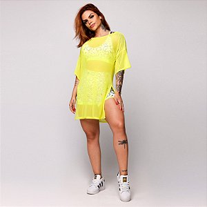 Chemise (Camisetão) Oversized em Tulê Casual / Academia / Saída de Praia Amarelo Neon