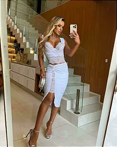 Conjunto Luxo La Passione Branco em Renda Francesa