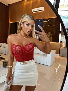 Blusa Cropped Corselet em Tulê e Renda Francesa Nude e Vermelho