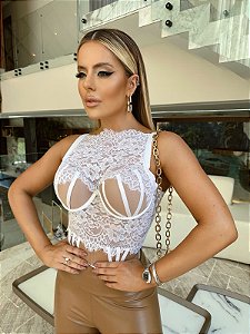 Body Luxo Ellegance Renda Francesa Branco e Nude