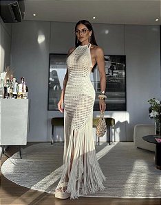 Vestido Santorine 3 em 1 Franjas e detalhes em Macrame Longo Off White