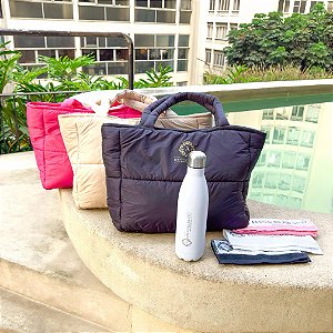 Kit 3 em 1 Essencials Premium Academia ou Praia: Bolsa Puffer, Garrafa Inox e Toalha Higiênica Dannas Brand
