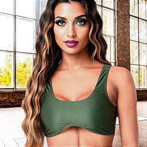 Top Underboob em Cirrê Acetinado Light Zero Transparência Verde Militar
