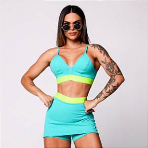 Conjunto Milano Fitness ou Beach Tennis c/ Shorts-Saia Mini Saia Elastic Verde Turquesa com Amarelo Neon