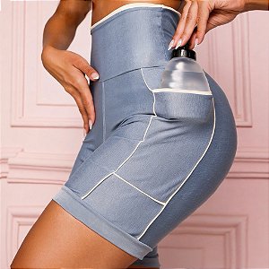 Bermuda Ciclista Pro Athlete c/ Bolsos Laterais Alta Compressão (Comprida) Azul Fake Jeans Micro Canelado c/ leve brilho