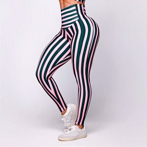 Legging Viena Estampa Retrô Fit Lines Rosê e Verde Dopamina Zero Transparência