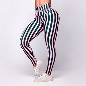 Legging Basica com Empina BumBum Zero Transparência Estampa Retrô Fit Lines Rosa e Verde Dopamine