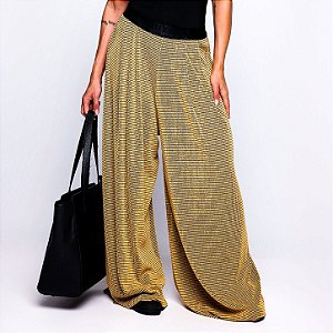 Calça Pantalona Elastico Poliamida Premium Alta Gramatura Texturizado Blackout Zero Transparência Estampa Tweed Chanel Inspired Amarelo Ouro