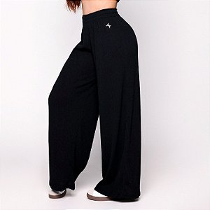 Calça Pantalona Malta Algodão “Malha Podrinha” Canelado 3D Texturizada Preta