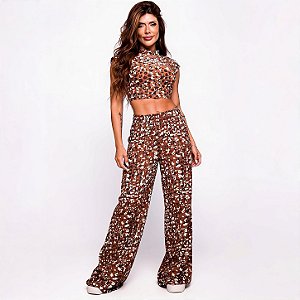 Conjunto Calça Pantalona Malta Cut Lisa Estampa Onça Brush