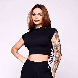 Blusa Cropped Malta Cut Algodão “Malha Podrinha” Canelado 3D Texturizada Preta